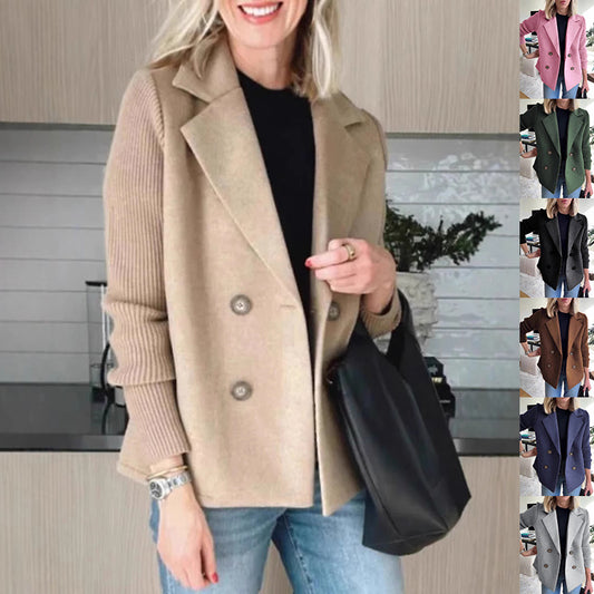 Double Breasted Lapel Jacket Fashion Knitted Sleeves Splicing Design Coat Outerwear Women's Clothing