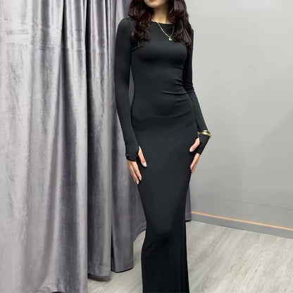 Sexy Long Sleeve Narrow Solid Color Dress