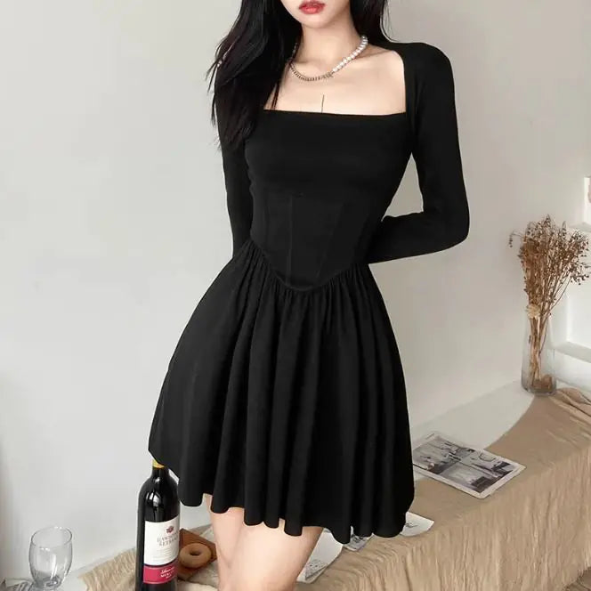 Women's Square Neck Long Sleeve Slim Fit Mini Dress