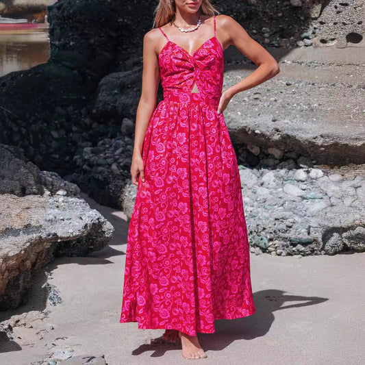 Knotted V-neck Long Dress Women