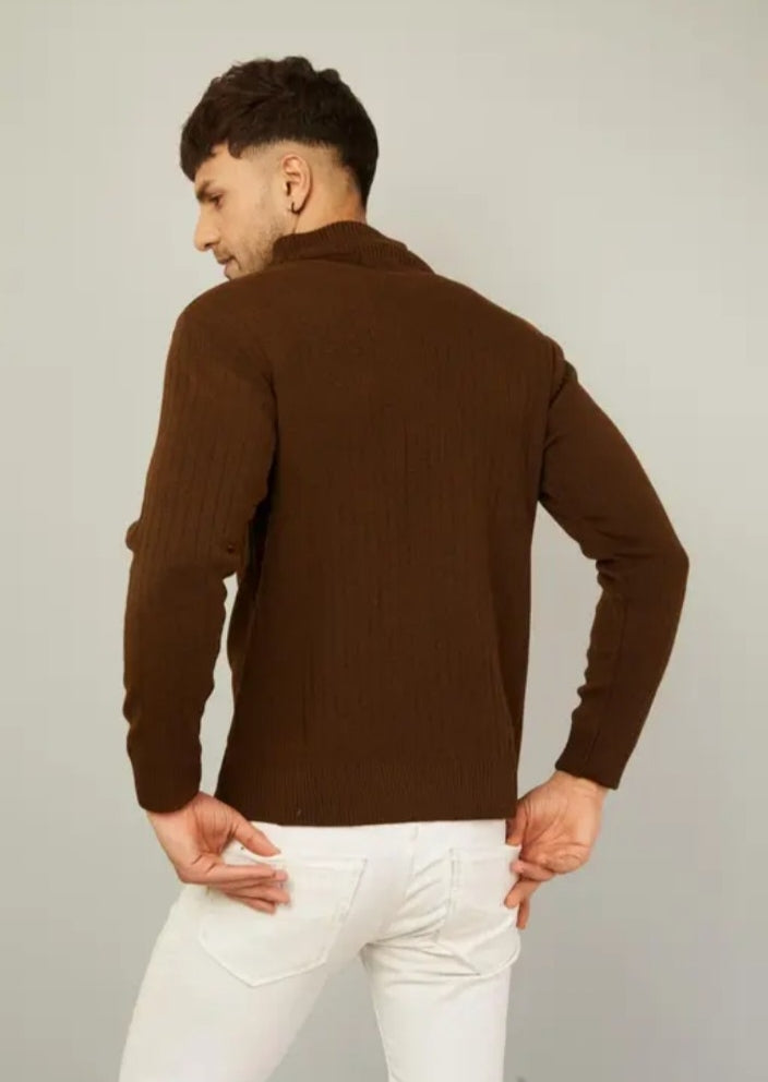 Kvetoo Men's Stripe Half zipper Men Brown Sweaters