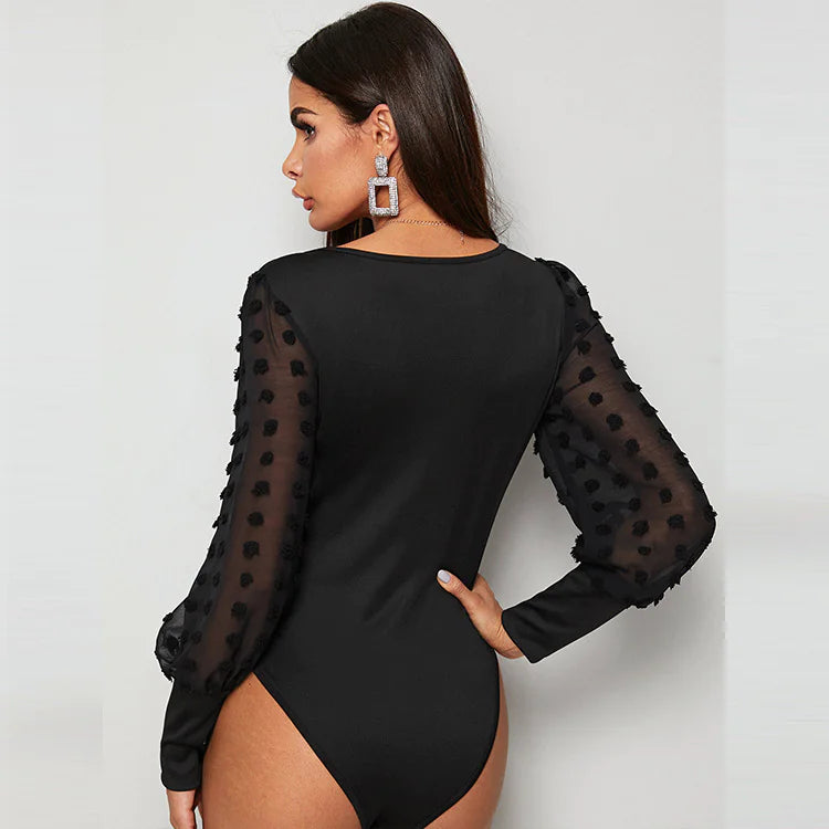 Slim Fit Square Collar Mesh Long Sleeve Bodysuit for Women