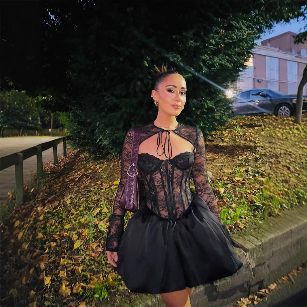 American Retro Autumn And Winter Style Led Lace Long-sleeved Black Dress