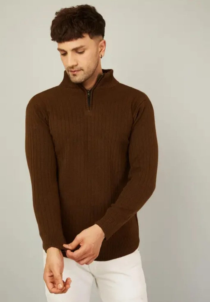 Kvetoo Men's Stripe Half zipper Men Brown Sweaters