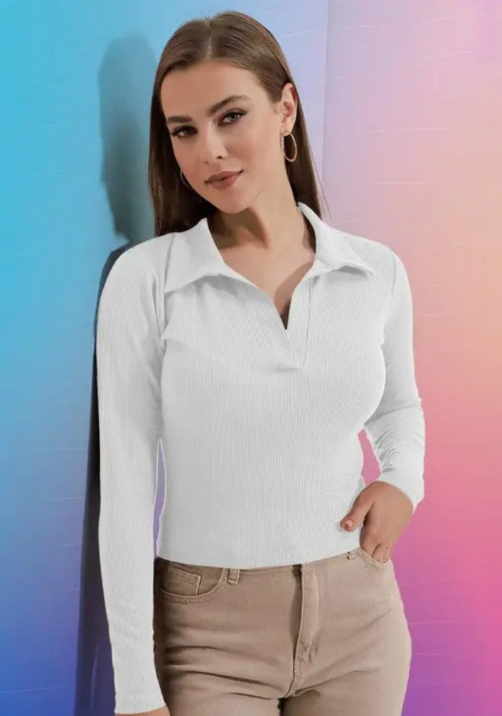 Casual Polyester Blend Ribbed Collar V-Neck & Regular Long Sleeves Stylish Sky Top