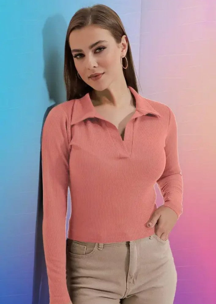 Casual Polyester Blend Ribbed Collar V-Neck & Regular Long Sleeves Stylish Sky Top