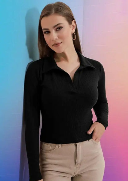 Casual Polyester Blend Ribbed Collar V-Neck & Regular Long Sleeves Stylish Sky Top