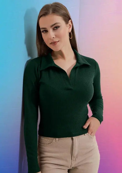 Casual Polyester Blend Ribbed Collar V-Neck & Regular Long Sleeves Stylish Sky Top