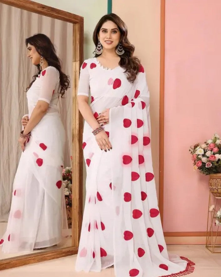 Embroidered Chiffon Georgette White Saree