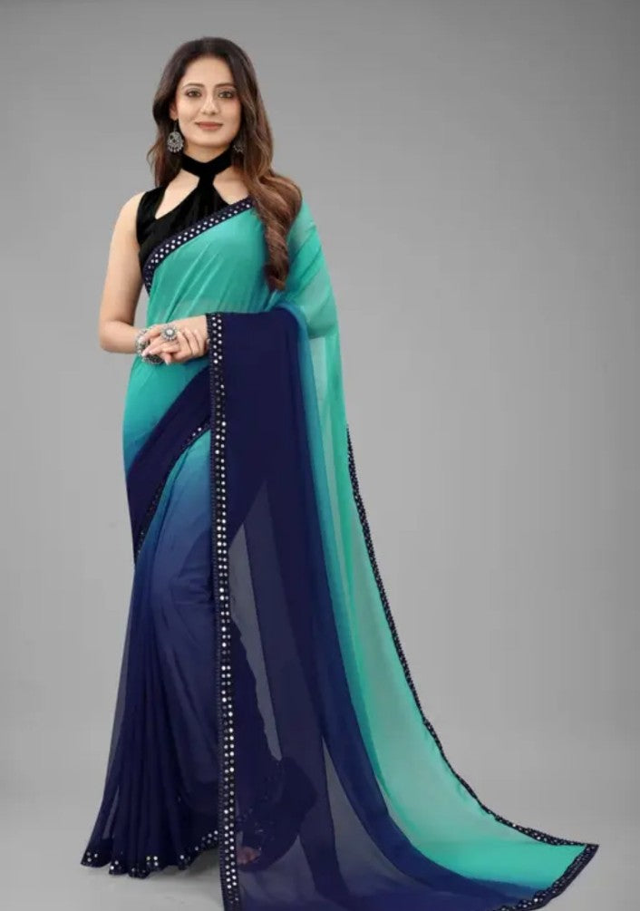 new fancy georgette saree shading color with fancy lace border