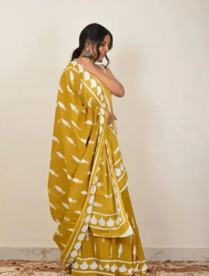 JAIPURI, BAGRU HAND BLOCK PRINT PURE SOFT COTTON MULMUL SAREE WITH BLOUSE PIECE