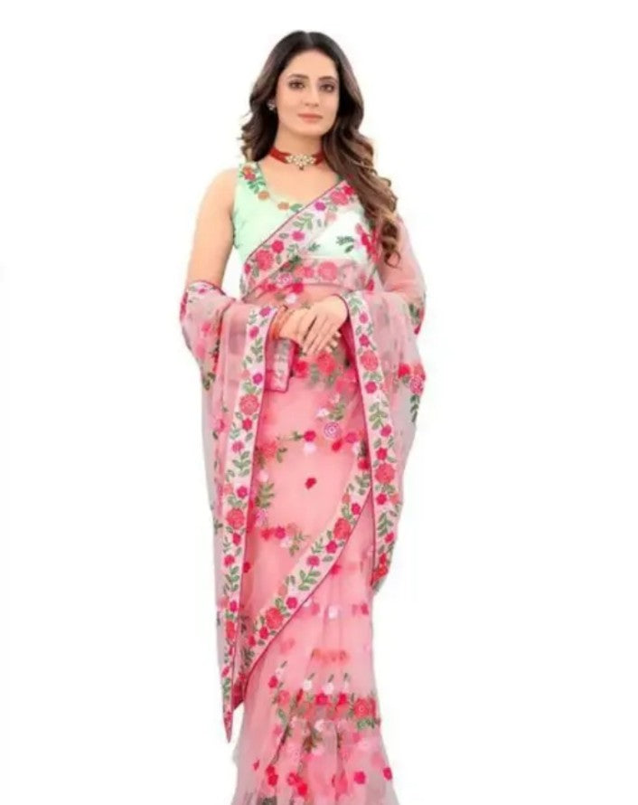 Beautifull Pista Net Embroidery Work Saree With Blouse