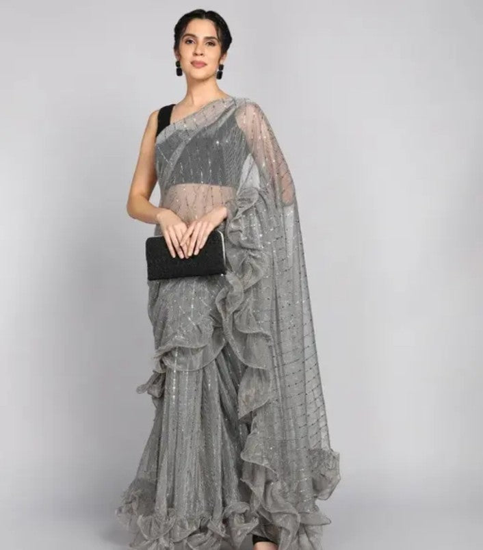 MIRACLE TEX frill work saree with separate blouse piece