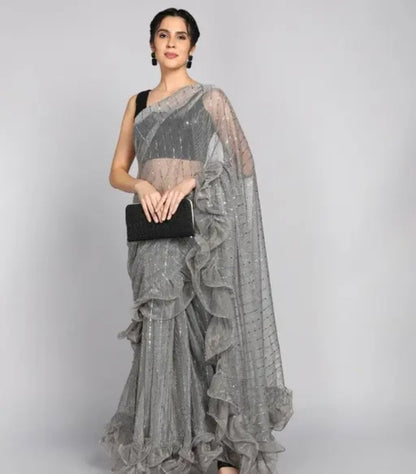 MIRACLE TEX frill work saree with separate blouse piece