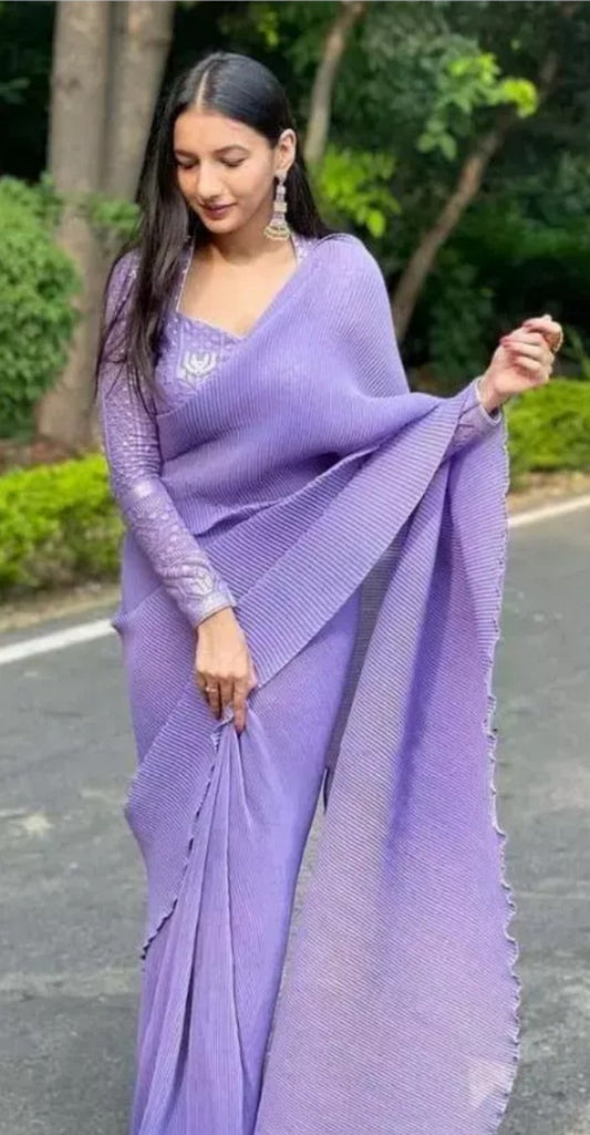 Lavender Coloured Pleated Crush Sabyashi Georgette Saree with blouse