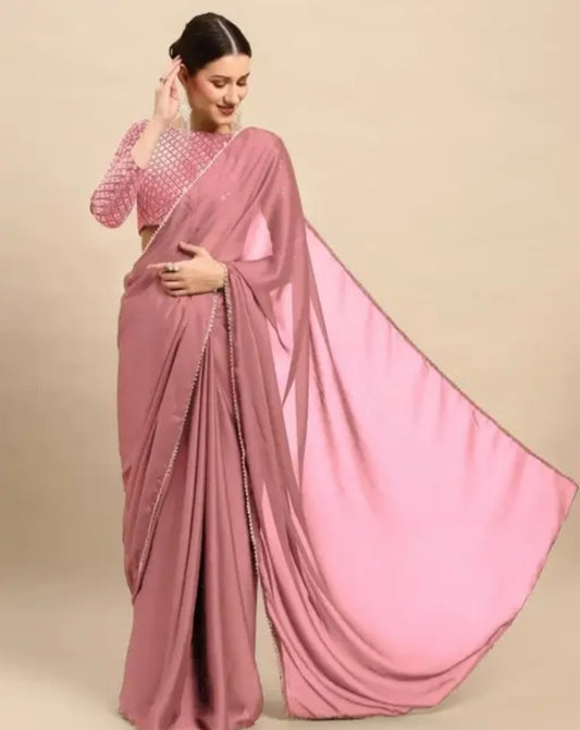 Trendy Satin Silk Fabric Saree With Embroidery Pattern Blouse Satin Silk Sarees