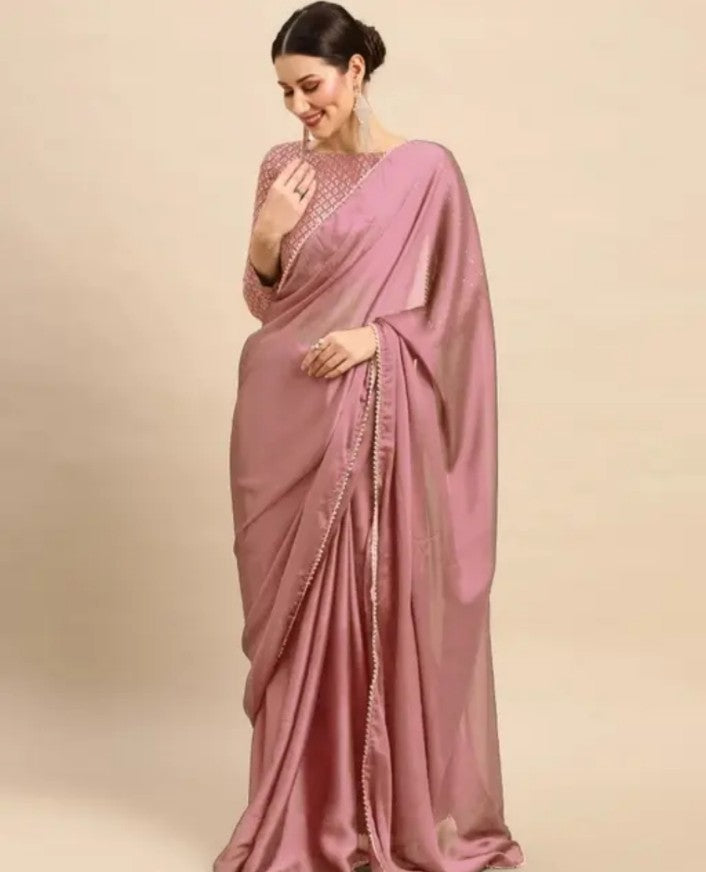 Trendy Satin Silk Fabric Saree With Embroidery Pattern Blouse Satin Silk Sarees