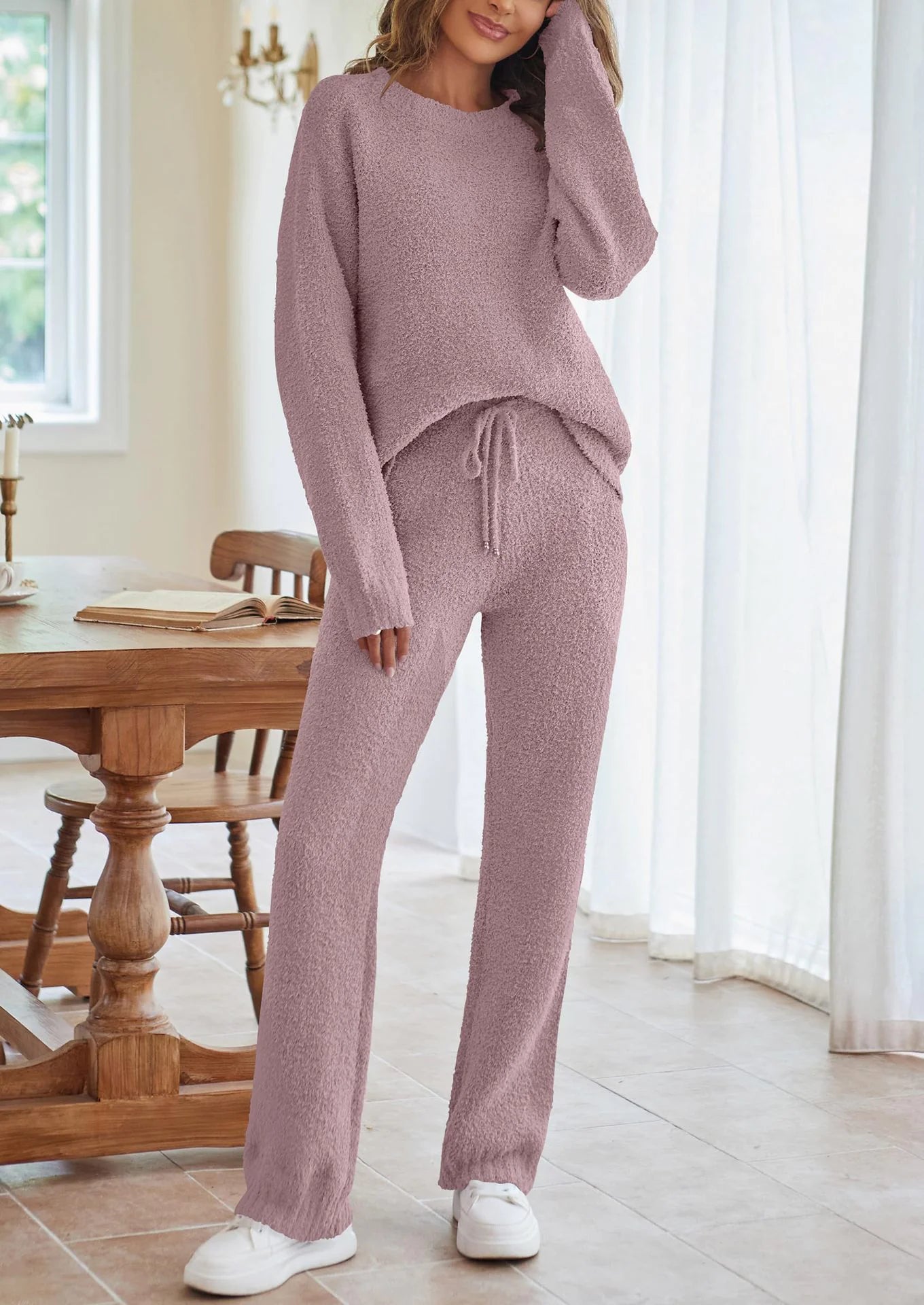 Solid Color Women's Round Neck Long Sleeve Trousers Warm Suit