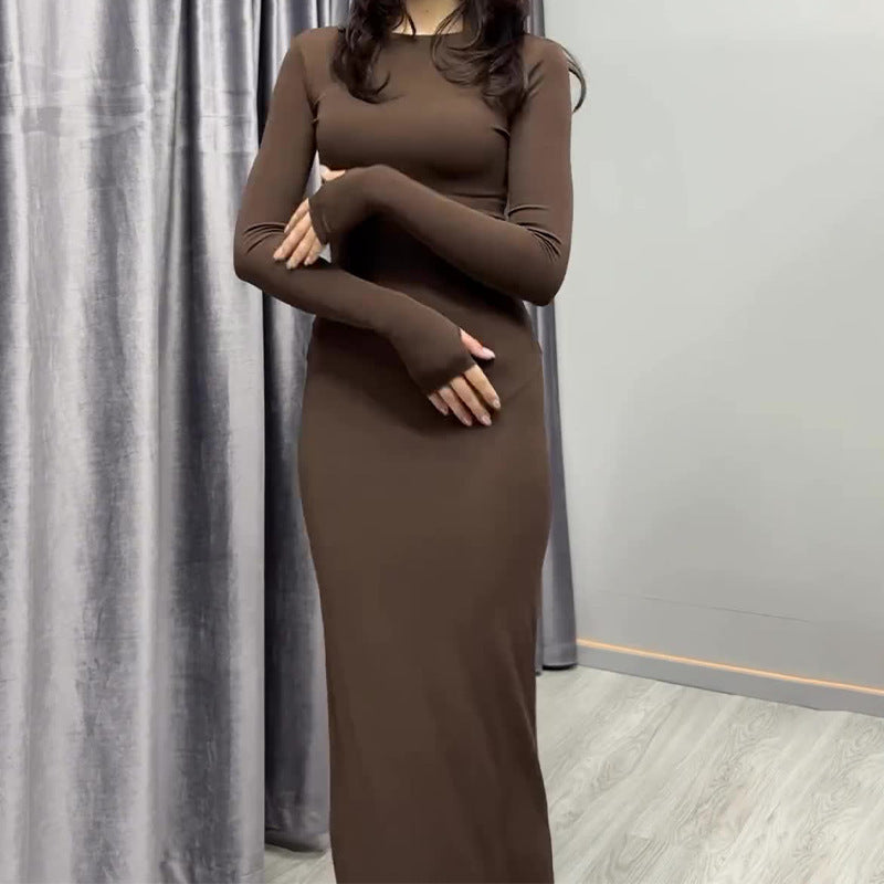 Sexy Long Sleeve Narrow Solid Color Dress