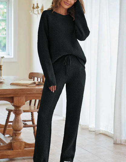 Solid Color Women's Round Neck Long Sleeve Trousers Warm Suit