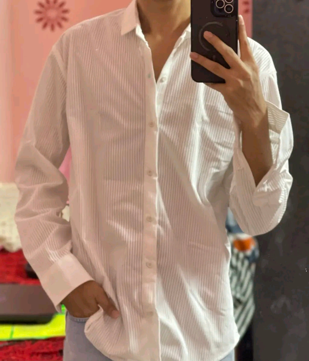 Men's white popcorn striped casual shirt