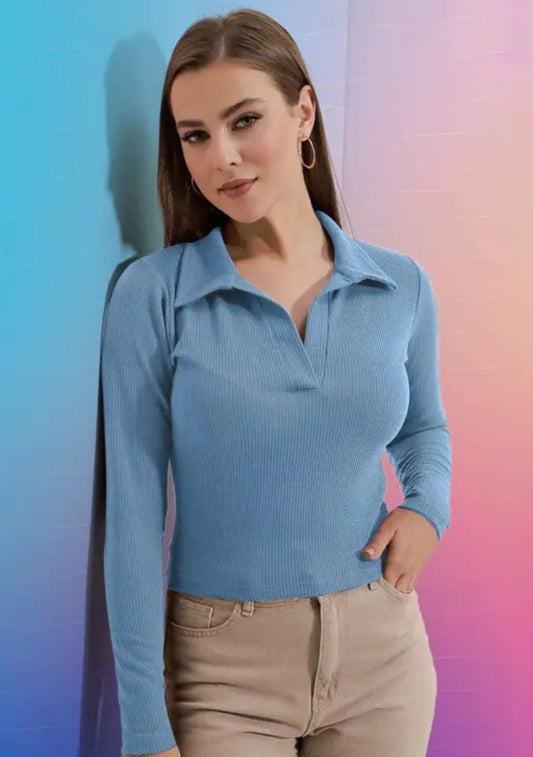 Casual Polyester Blend Ribbed Collar V-Neck & Regular Long Sleeves Stylish Sky Top