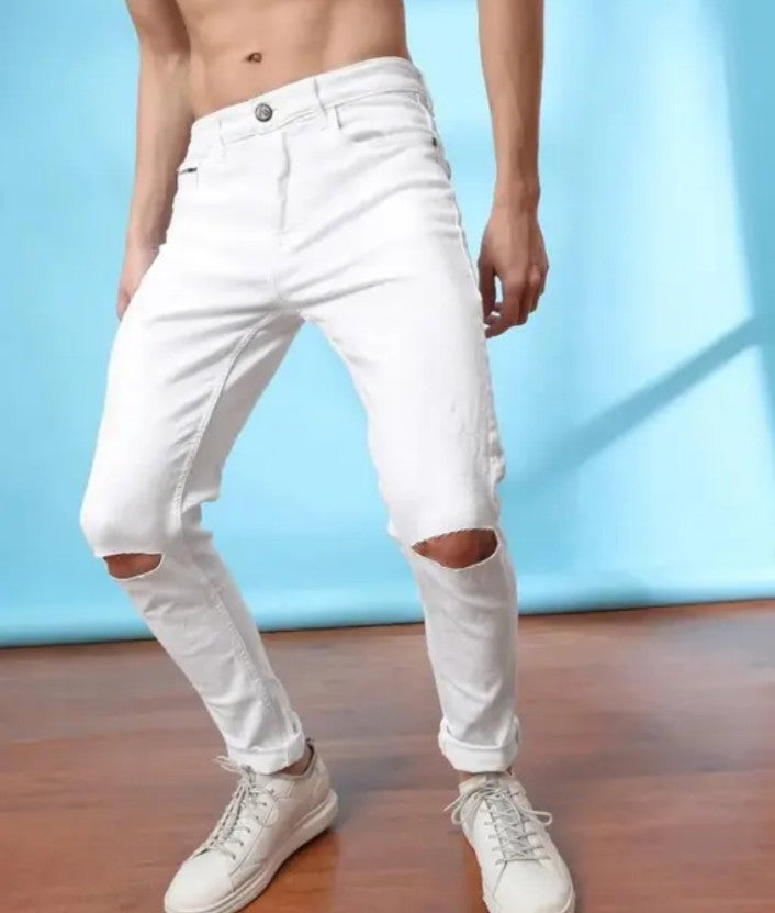 RusticBlooms Fashionable Men's Knee Slit White Jeans