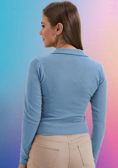 Casual Polyester Blend Ribbed Collar V-Neck & Regular Long Sleeves Stylish Sky Top