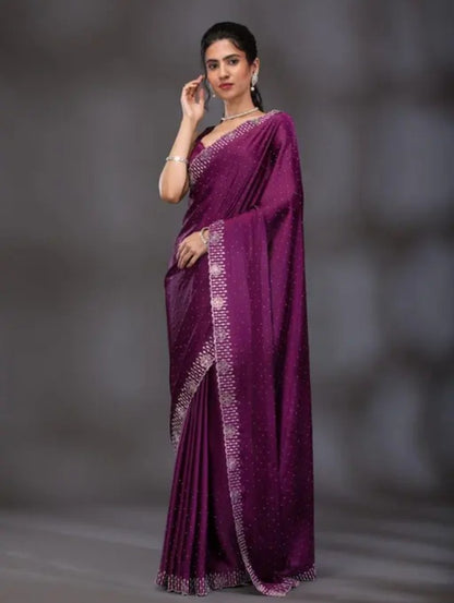 Chinon Chinon Silk Purple Saree With Diomond Hotfix Work