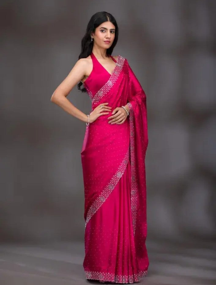 Chinon Chinon Silk Purple Saree With Diomond Hotfix Work