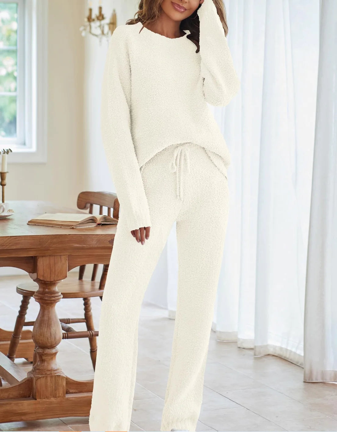 Solid Color Women's Round Neck Long Sleeve Trousers Warm Suit